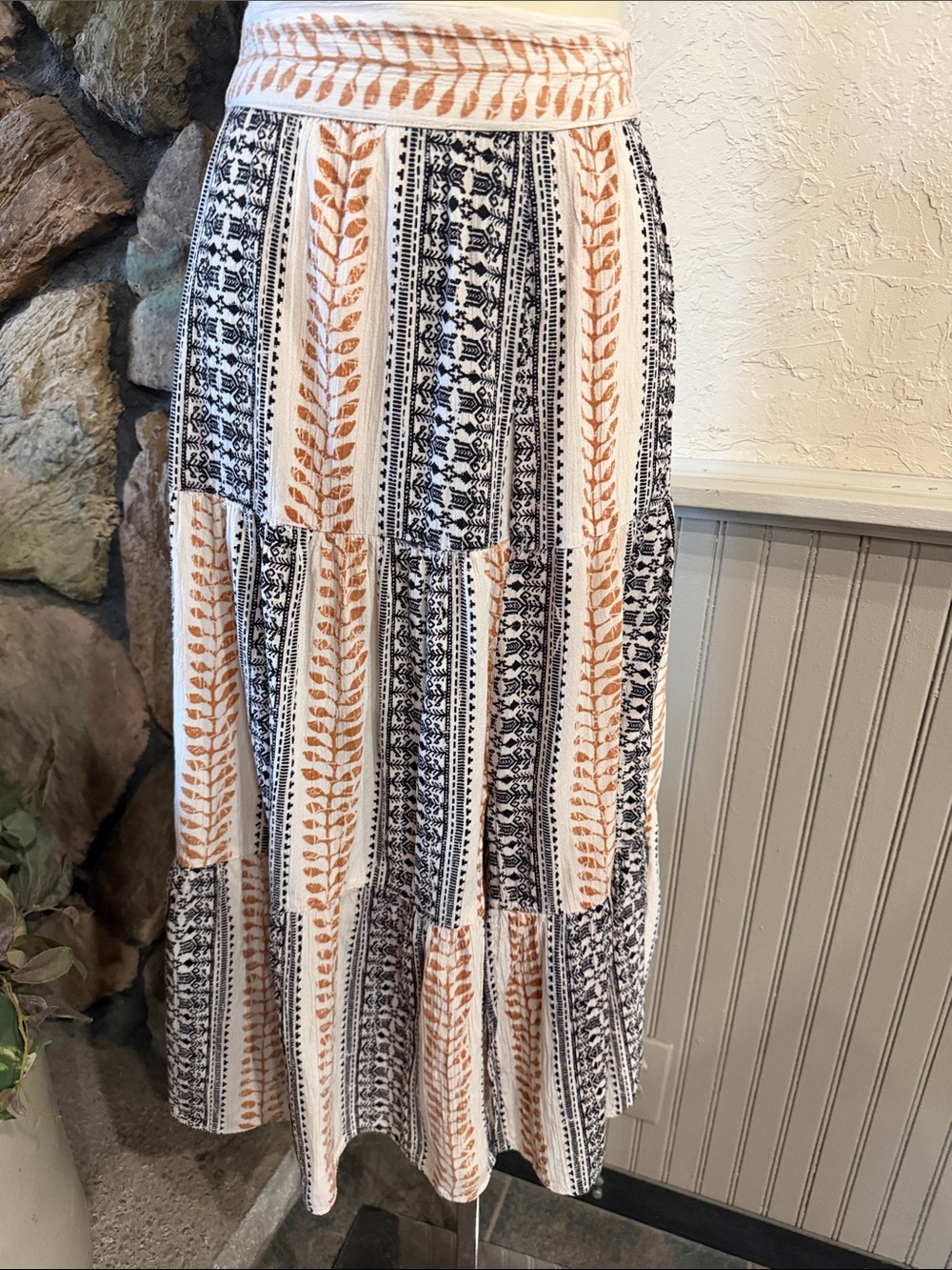 Angie Striped Boho Maxi Skirt in Cream, Black & Tan